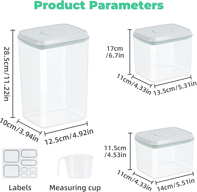 3 Pack Flour and Sugar Storage Containers with Pop-up Lid, 1.26Qt + 2.11Qt + 3.48Qt Food Storage Container for Rice, Spaghetti, Pasta, Nuts, Snack, Candy, Dog Treat, Kitchen Pantry Organization