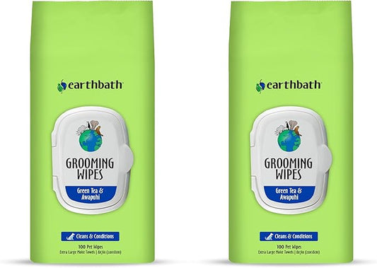 earthbath, Green Tea & Awapuhi Grooming Wipes - Dog Wipes for Paws and Butt, Best Pet Wipes for Dogs & Cats, Made in USA, Cruelty-Free Dog Cleaning Wipes, Removes Dirt & Dander - 100 Count (2 Pack)
