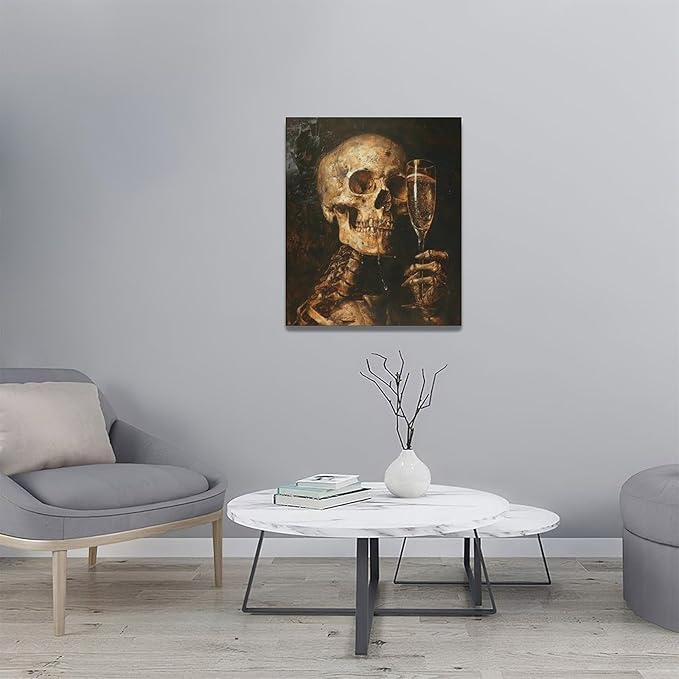 Quorin Gothic Skeleton Wall Art Goth Skull Champagne Wall Decor Dark Academia Pictures Horror Canvas Print Painting Artwork for Bathroom Living Room Bedroom 20"x24"
