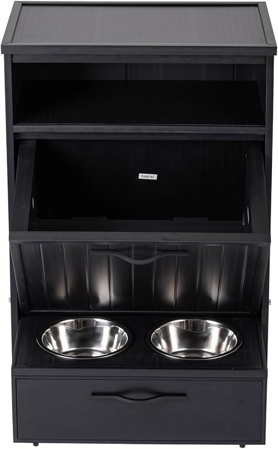 New Age Pet® ECOFLEX® Dog Food Pantry with 2 Stainless Steel Bowls - Moisture Resistant Wood Plastic Composite Pet Feeding Station, Holds 25 lbs of Food, Easy Assembly, 7.7" Drawer Height