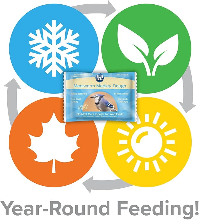 Blue Seal Mealworm Medley Suet Dough Cake | No Mess Wild Bird Suet | Attracts a Variety of Wild Birds | Melt Resistant | Year-Round Feeding | Food for Wild Birds | Made in The USA | 12 oz (12 Pack)