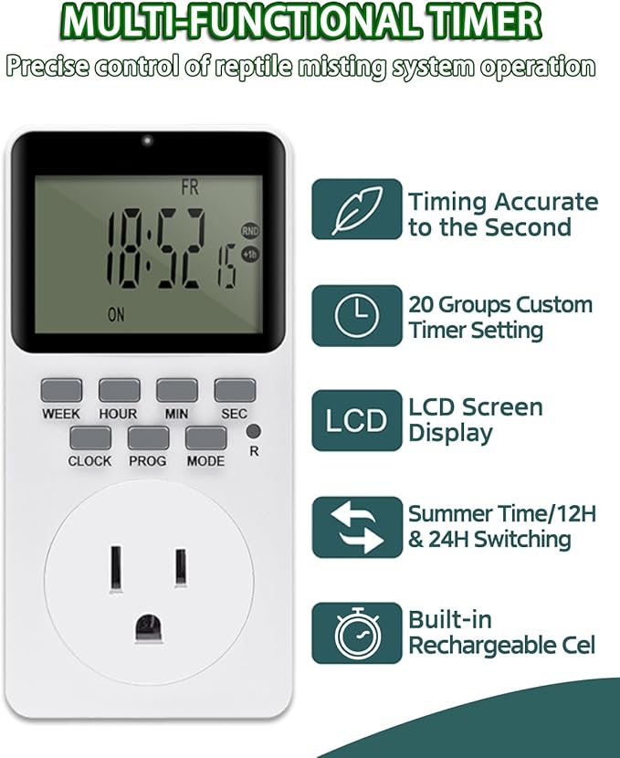 Automatic Reptile Mister System, Misting System with Timer, Reptile Humidifiers Quiet Pump Expandable to 10 Fine Mist Nozzles, Terrarium Mister with Programmable Timer Accurate to The Second