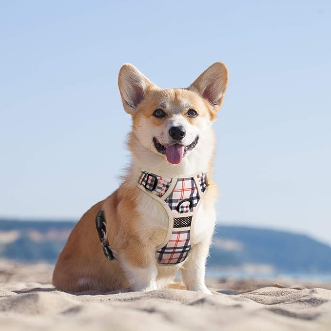 PoyPet Plaid Dog Harness, No Pull Front Clip Pet Vest Harness, Soft Padded Reflective Adjustable Walking Harness with Handle for Large Medium Small Dogs(Checkered Beige,S)