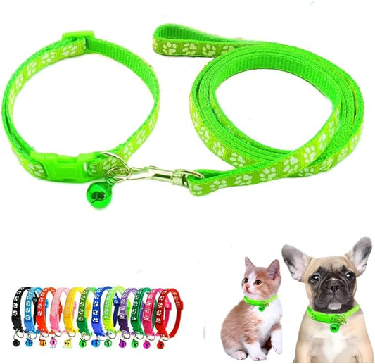 Puppy Collars Leash Set for Litter with Bell, Nylon Basic Reflective Cat Collar Paw Print for XXS Xs Small Dog Pet Animal Tiny Kitten Boy Girls, Bright Green