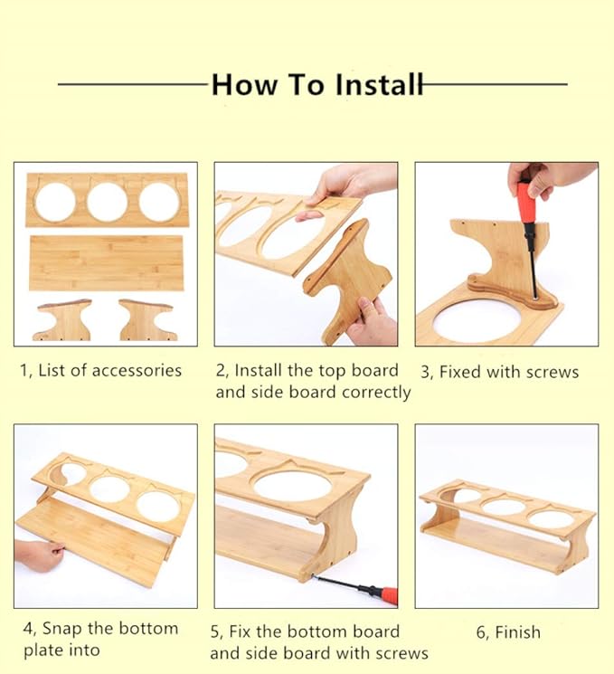Cat Bowls Pet Dining Table with Raised Slope Wooden Stand Elevated Pet Bowls with Oblique Stand for Cats, Dogs, Kitten and Puppy (3 Bowls, Ceramics)