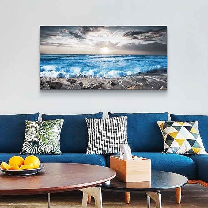 Lapremoly Large Wall Decoration For Living Room Framed Canvas Wall Art For Bedroom Office Wall Decor Black And White Beach Wall Painting Blue Sea Wave Pictures Artwork Modern Hotel Room Home Decor