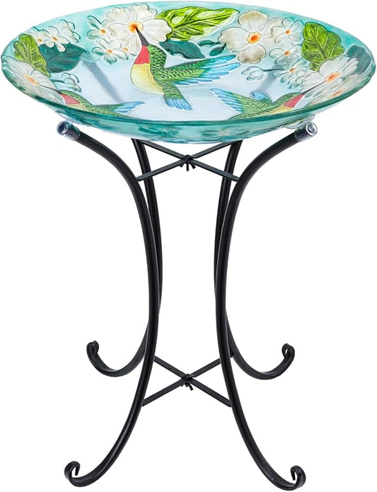 MUMTOP Bird Baths for Outdoors, Hummingbird Glass Large Bird Bath Bowl with Metal Stand, 18 Inch Bird Feeders for Outside and Garden, Patio,Lawn Decor (Hydrangea)