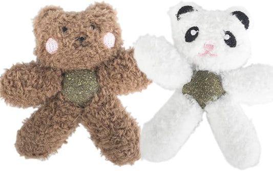 Cat Toys with Catnip Kitten Chew Bite Supplies Boredom Relief Fluffy Kitty Teeth Cleaning Chewing Cat Lovers Interactive Plush Gift (Panda&Bear)