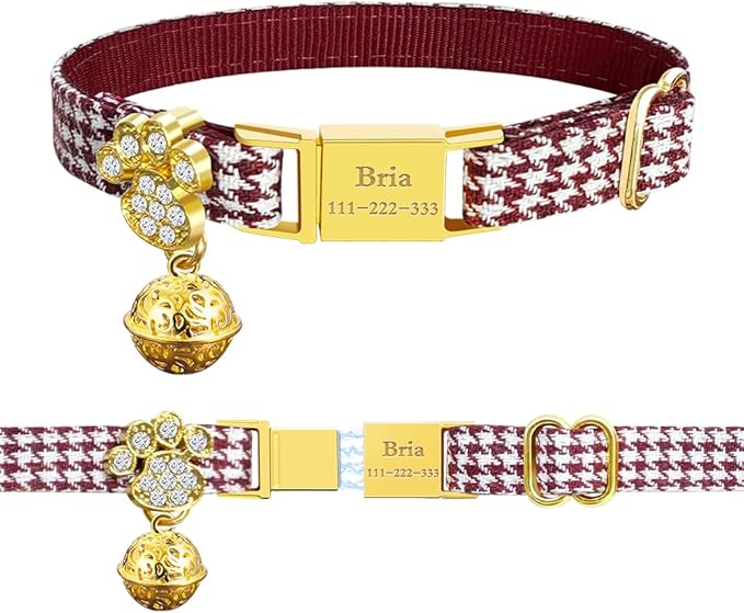 Personalized Breakaway Cat Collars - Magnetic Buckle, Bell - Safety Quick Release, Customized for Girls & Boys Cats- (Houndstooth-Burgundy)