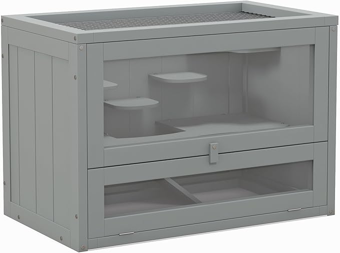PawHut 2-Level Hamster Cage Mice and Rat House, Small Animal Habitat for Guinea Pigs, Chinchillas with Openable Top, Front Door, Shelf and Ladder, Gray