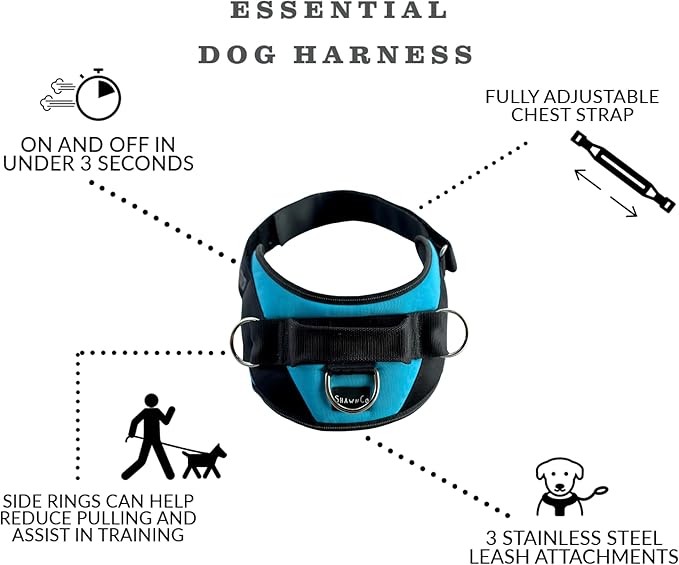 ShawnCo Essential Dog Harness, No-Pull Pet Vest with 3 Leash Clips, No Choke, Reflective, Adjustable and Padded, for Easy Walking and Training for Small, Medium and Large Dogs (Midnight, M)