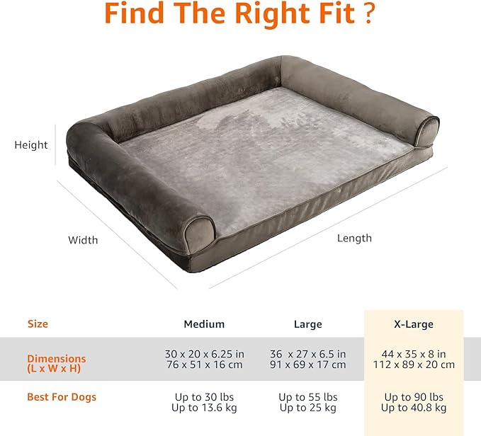 Amazon Basics Dog Bed with Cooling Gel Memory Foam, Pressure-Relief Support for Dogs up to 90lbs, Non-Slip Bottom, Machine Washable Cover, Extra Large Sized (44" x 35"), Brown