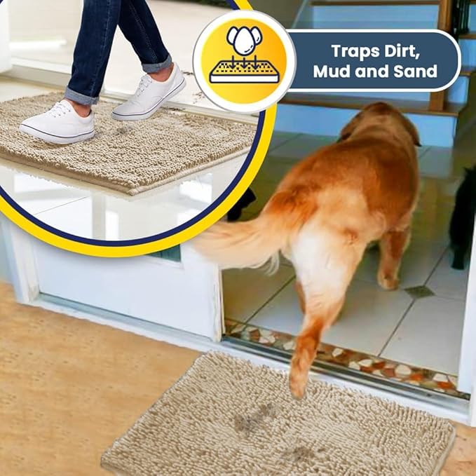 Muddy Mat® Shown on TV – Super Absorbent Microfiber Dog Door Mat for Muddy Paws, Non-Slip Washable Pet Rug, Quick Dry Chenille Entryway Carpet, Machine Washable Indoor Outdoor mat, Beige 59"x24"