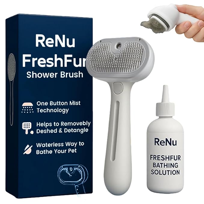 Renu Dog Brush, Renu FreshFur Dog Shower Brush + Bathing Solution, 3 in 1 Self Cleaning Steamy Pet Brushes, Dog Grooming Tool for Long & Short Hair, Removes Loose Hair Reduces Shedding (White)