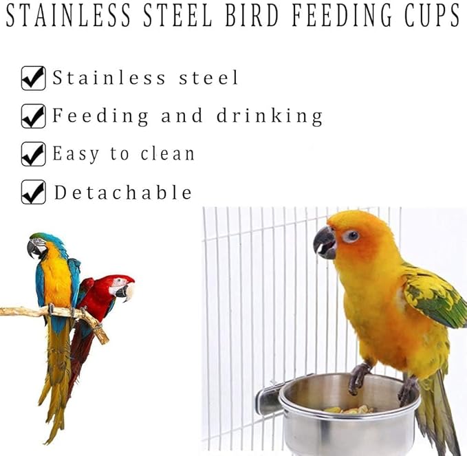 Kathson 2 Pack Bird Feeding Dish Cups, Stainless Steel bird bowls Parrot Feeders Water Cage Bowls with Clamp Holder Bird Feeders for Parakeet Cockatiels Conure Budgies Lovebird Finch and Small Animals