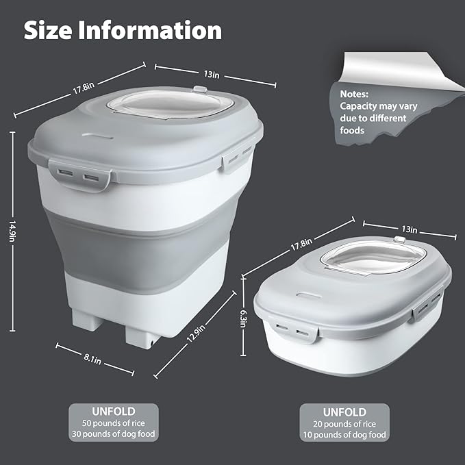 Cereal Rice Storage Containers, 20 to 50Lbs Collapsible Dry Food Dispenser Bins with Airtight Flip Lid Rolling Wheel, Kitchen Pantry to Store Sugar Flour, Dog Pet Cat Food Holder Container