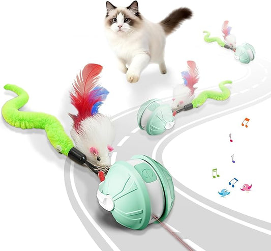 Interactive Cat Toy Ball - 2-in-1 Indoor Cat Toy with Feather Attachment and Laser Interactive Cats Balls, Moving Electric Rolling Ball Toys Designed for Bored Kittens and Adult Cats