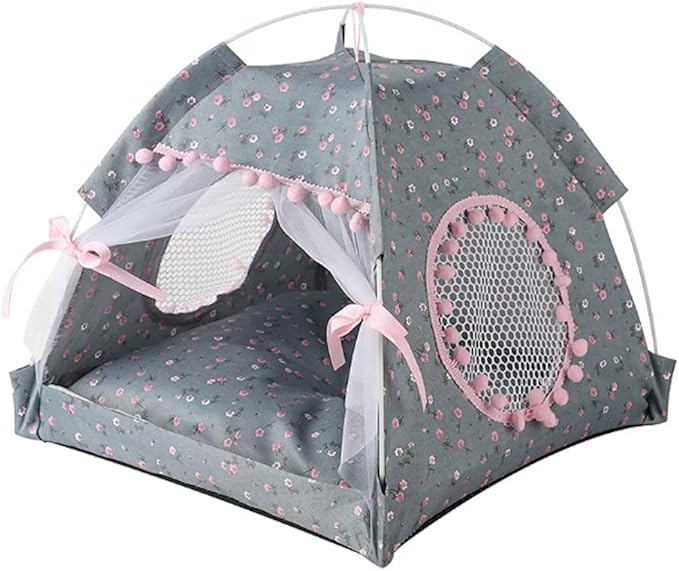 Cat Bed Tents Dog House Indoor Outdoor Lace Mesh Breathable Windows Door Curtains Removable Portable Nest Teepe House (Medium,Gray&Pink)