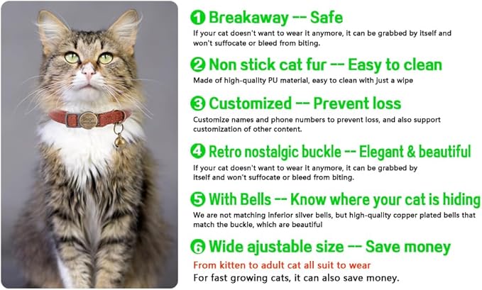 Leather Cat Collar Breakaway, Custom Cat Kitten Collar with Bells, Personalized Cat Collars with Name and Phone Number for Boy Girl Cats (Black, 6.3“-11.8“)