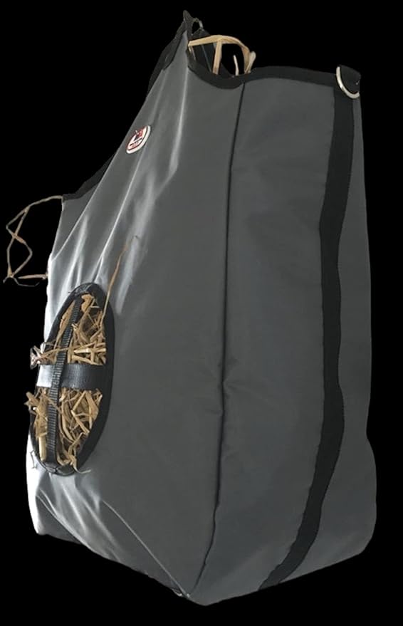Majestic Ally Nylon Hay Feeder Tote Bag for Horse, Goat, Sheep - Double Sides Open Feed Hole with Faux Leather Ventilated Bottom- Premium Quality -Simulates Grazing - Reduces Waste (Dark Gray)