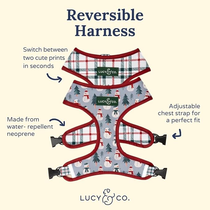 Lucy & Co. Cute Reversible Dog Harness Walking Halter - Best Designer Pet Harnesses for XS - XL Dogs - Padded Adjustable Vest for Easy Walking-Medium-Gray & White Snowman