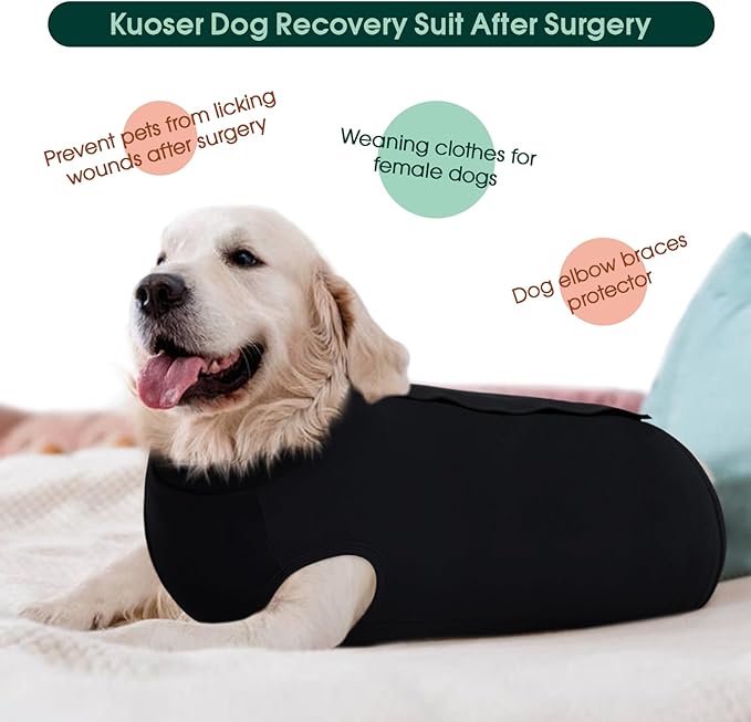 Kuoser Dog Surgery Suit Female Spay Male Neuter, Dog Leg Sleeve to Stop Licking Soft Dog Onesie for Abdominal Wound, Dog Recovery Suit Rear Leg Sleeves Pet Elbow Brace Protector, Black L