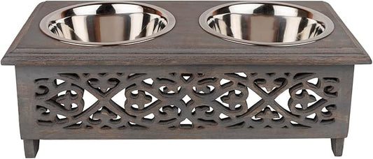 GoCraft Raised Dog Bowls for Small Dogs | Elegant Farmhouse Grey Washed Elevated Wooden Stand Feeder with 2 Stainless Steel Bowls for Your Pet Food & Water