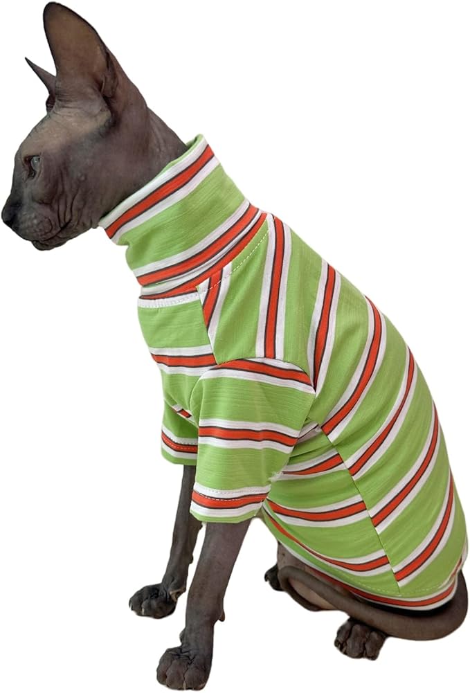 Vintage Stripes Sphynx Hairless Cats Shirt Cotton Cat Turtleneck Pet Clothes Kitten T-Shirts with Sleeves for Sphynx Cornish Rex, Devon Rex, Peterbald (Orange & Green, Medium (Pack of 1))