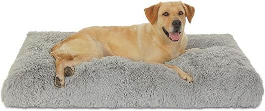 Bedfolks Waterproof Crate Bed, Plush Pad With Removable Cover, Faux Fur for XXL Dogs, Fluffy Washable Kennel Bed 47"x29", Solid Light Grey