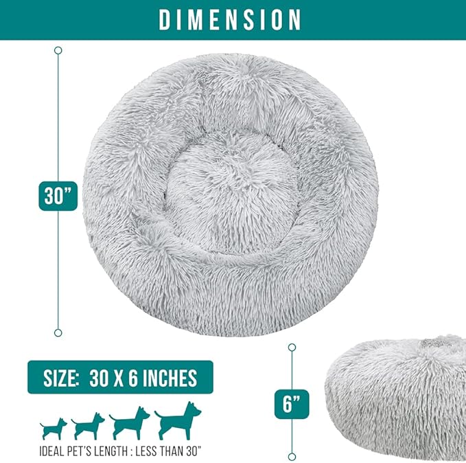 PetAmi Calming Dog Bed for Small Medium Dogs and Cats, Round Donut Washable Fluffy Faux Fur Plush Cuddler Pet Kitten Cushion, Anti-Slip, Fits up to 45 lbs, 30 inch, Light Gray