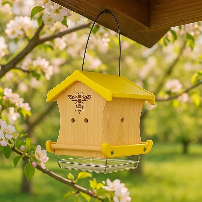 Carpenter Bee House for Outside, Wood Beetrap for Outdoors Insect House Hotel for Garden Stainless Cable Bee Box Without Bottle 2025 New Heavy Duty