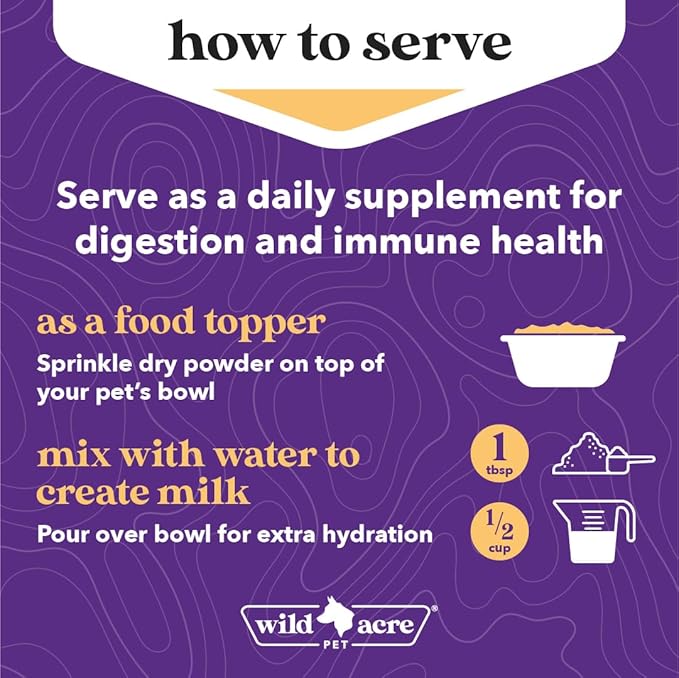 Wild Acre Goat Milk Powder for Dogs - Complete Protein Goat Milk with Nutritional Yeast for Sensitive Stomachs - Gentle Probiotic & Prebiotic Protein for Dogs, Puppies and Cats - 7oz