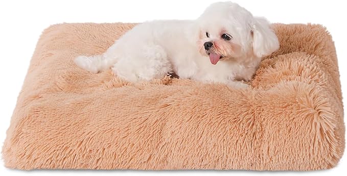 Bedfolks Waterproof Dog Crate Bed,Plush Dog Bed with Removable Washable Cover,Faux Fur Dog Crate Pad for Small Dogs and Cats,Fluffy Dog Kennel Bed 21"x13",Solid Camel