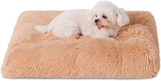 Bedfolks Plush Waterproof Dog Crate Bed, Removable Washable Cover, Faux Fur, Fluffy Kennel Bed 17"x12", Camel