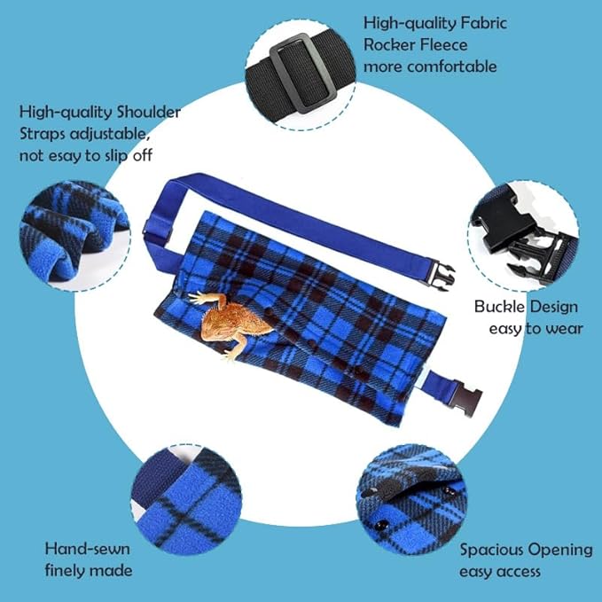 Small Animal Sling Carrier,Small Animal Bag for Bearded Dragons Lizards and Reptile with Adjustable Strap Tow Rope 3 Sizes Pack + Small Animal Sling Carrier（Blue Grid）