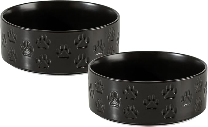 Ceramic Dog Bowl Set, 7.3" Dog Bowls with Anti-Slip Rings for Medium Breed Dogs, 5 Cup Food and Water Bowls, Pet Dishes for Medium-Sized Dogs, Dishwasher Safe (Double Bowls - Black, 7.3 inch)