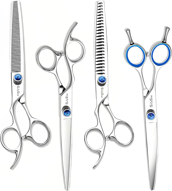4Pcs VG10 Steel Pet Grooming Kit, 7.5Inch Straight Chunker Curved Thinning Shears, Professional Dog Grooming Scissors Set, Extremely Sharp for Dogs Rabbit Cat Face Hair Cutting Dog Groomer Home Use
