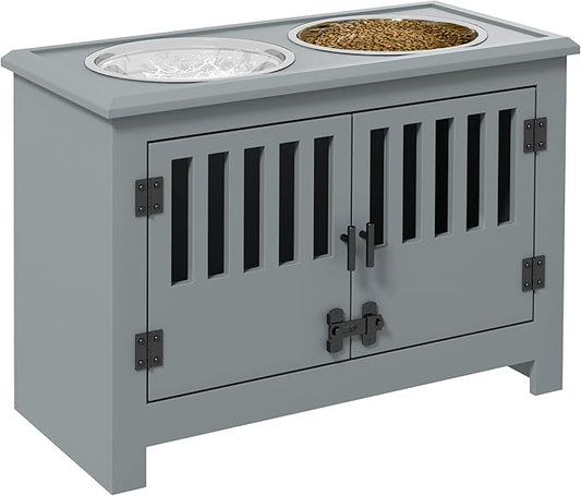 PawHut Large Elevated Dog Bowls with Storage Cabinet - 37L Capacity, Raised Dog Bowl Stand Feeding Station, Gray