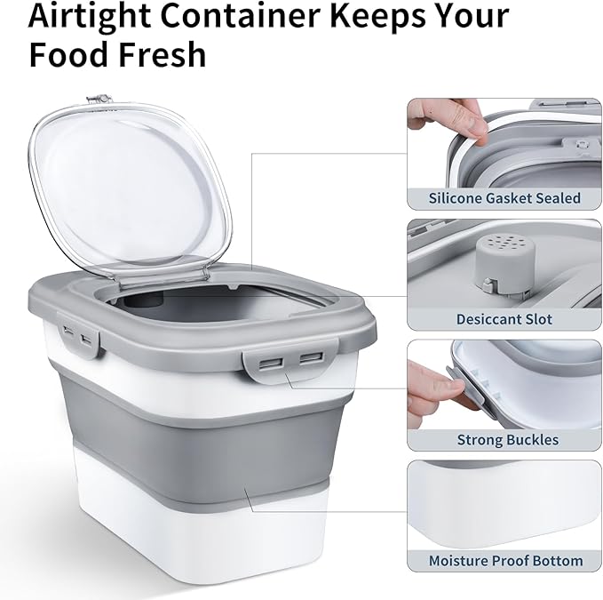 Rice Storage Container, Collapsible Airtight Food Storage Containers 6-20 Lbs, Rice Dispenser with Measuring Cup and Small Bin for Flour Cereal Pasta Grain, Cat Pet Dog Bird Food Container