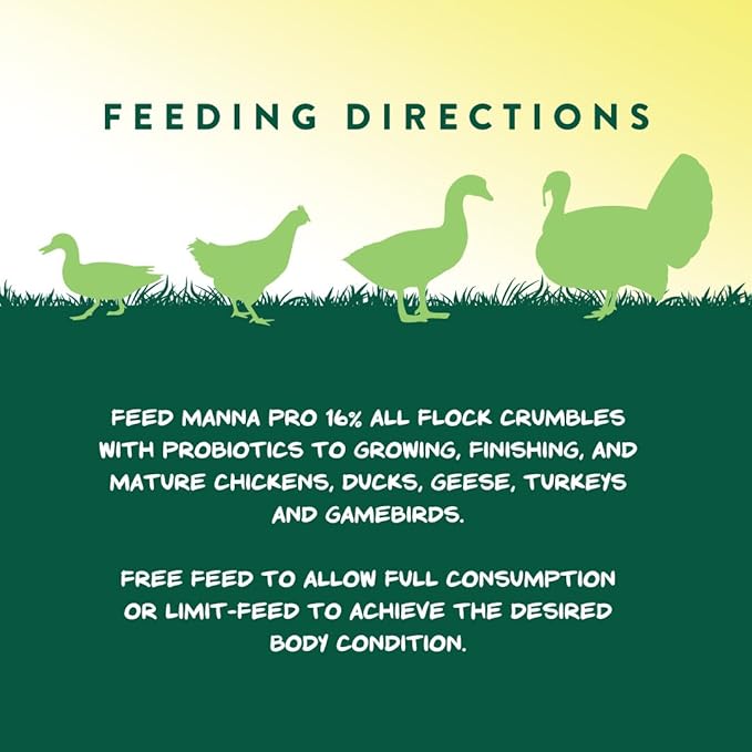 Manna Pro All Flock Crumbles – 16% Protein Complete Poultry Feed with Probiotics for Digestion, Crumbled Chicken & Game Bird Feed for All Flock Types, No Artificial Colors or Flavors, 25 lb