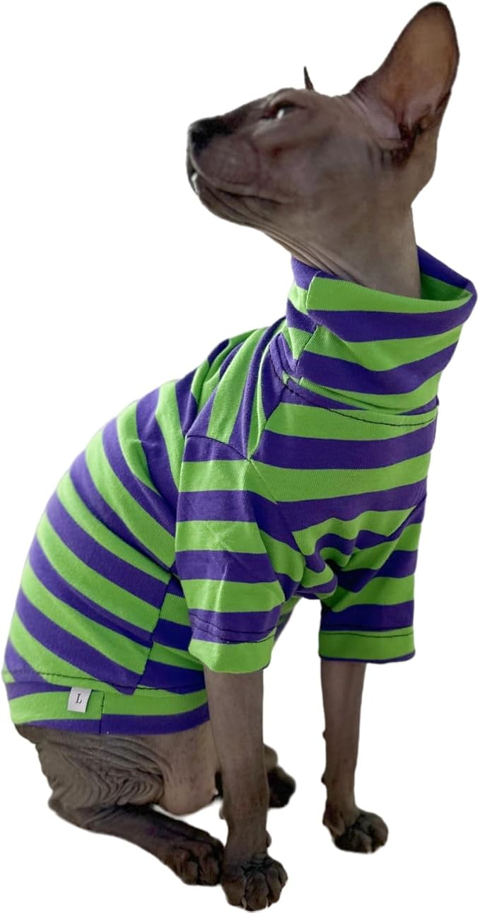 Vintage Stripes Sphynx Hairless Cats Shirt Cotton Cat Turtleneck Pet Clothes Kitten T-Shirts with Sleeves for Sphynx Cats (Eggplant, Small)