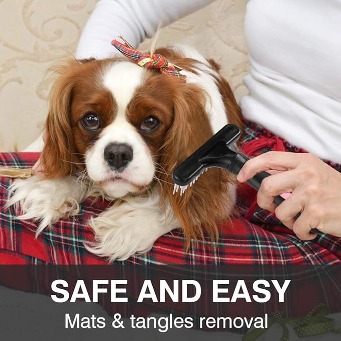 Pet Grooming Rake - Double Row Pins Shedding and Dematting Undercoat Rake Comb for Dogs, Cats, Matted, Short, Long Hair Coats - Safe Grooming & Deshedding Brush - Comb Out Mats & Tangles Easily