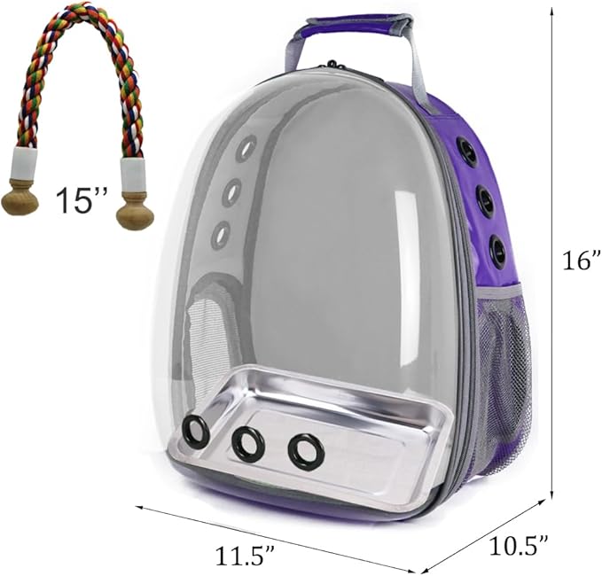 Bird Traval Carrier Cage, Clear Space Capsule Astronaut Backpack to Carry Parakeet Cockatiel Parrot with Metal Tray Wood Perch, Vet Transport Book Bag
