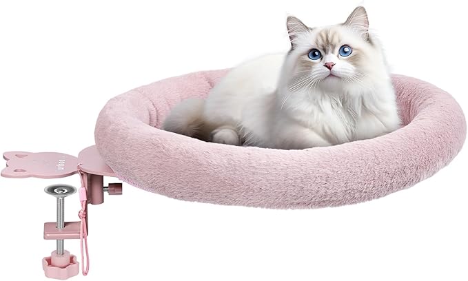 Rotating Cat Desk Bed - 40 LBS Chair-Side Cat Sleeping Basket with Bed for Desk, 360° Swivel & Removable Washable Cushion for Office Comfort(Pink