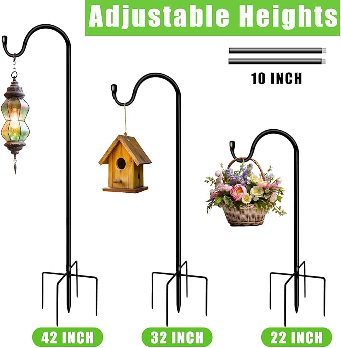 Shepherds Hooks for Outdoor 42 Inch Garden Bird Feeder Pole with 5 Prongs Base Adjustable for Hanging Flower Basket Plant Pot Solar Lantern Light Wind Chime Hanger for Wedding Decor 2 Pack