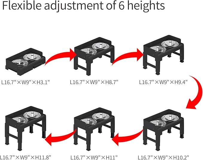 PAKEWAY Elevated Dog Bowls, Spill Proof, Tiltable Dog Feeder with 2 Stainless Steel Bowls, 6 Height Adjustable Raised Bowl
