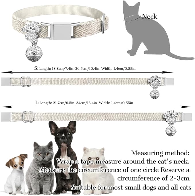 Personalized Breakaway Cat Collars - Magnetic Buckle, Bell - Safety Quick Release, Customized for Girls & Boys Cats- (Herringbone-Oatmeal)