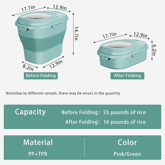 Cereal Rice Food Storage Containers, Collapsible 20 to 50 Lbs Dispenser Bin with Rolling Wheel Airtight Locking Lid, Dog Pet Cat Flour Sugar Plastic Leakproof Sealable Large Kitchen Pantry Holder