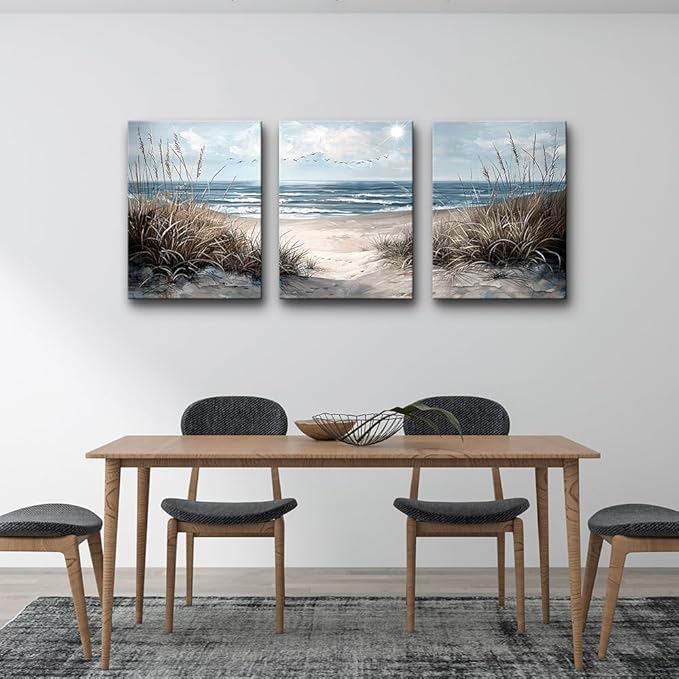 TTHYUEWS Canvas Wall Art For Living Room Wall Decor For Bedroom Modern Office Canvas Art Office Decor Blue Sea Beach Wall Paintings Prints Pictures Artwork Ready To Hang Home Decor 16" X 24"3 Piece
