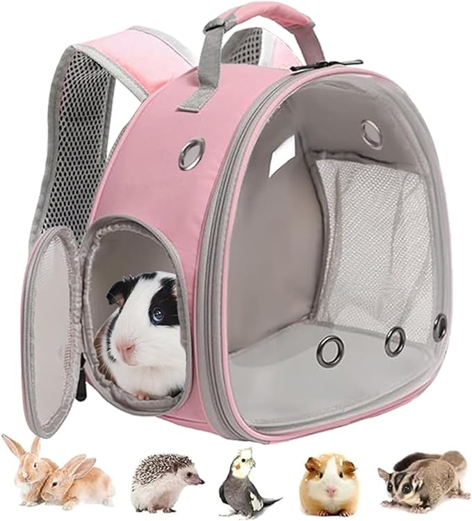 Guinea Pig Carrier, Clear Bubble Window for Guinea Pig, Bunny Rat Bird (Pink, Backpack)